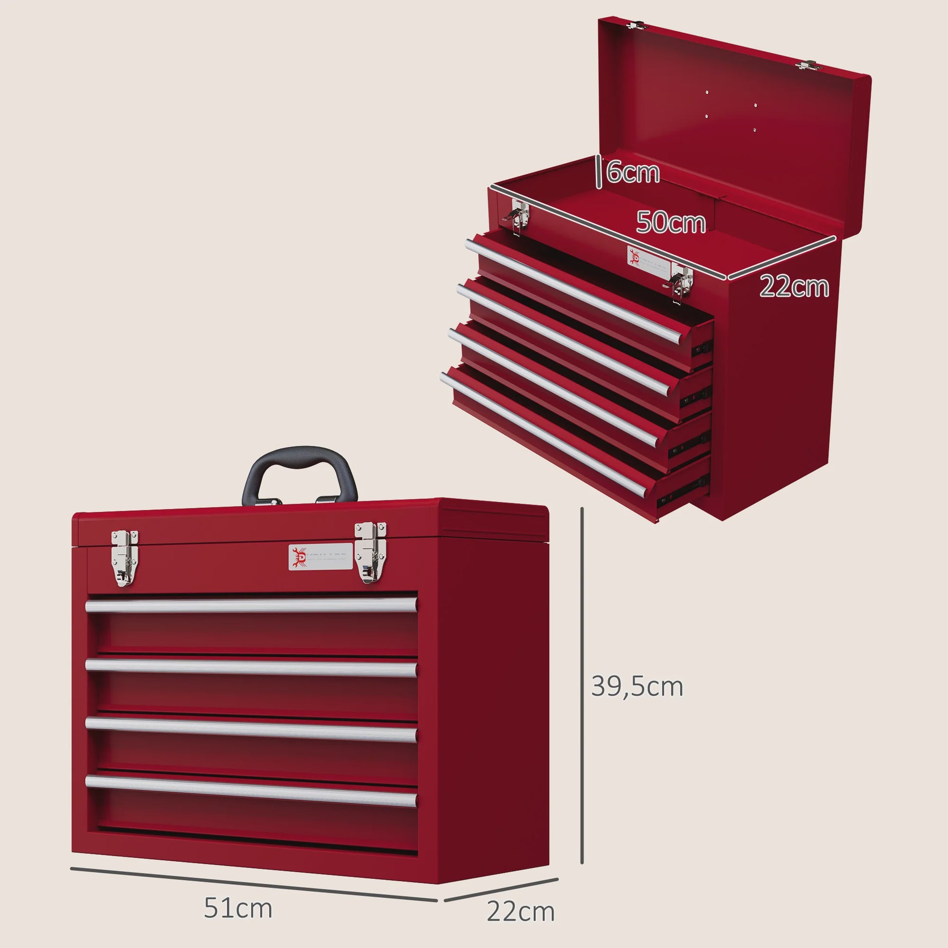DURHAND Rode Metalen Gereedschapskist met 4 Lades en Bakje - 51x22 cm