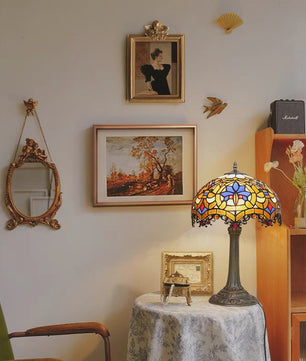 Vintage Gebrandschilderd Glas Tafellamp - Pauwstaart Stijl