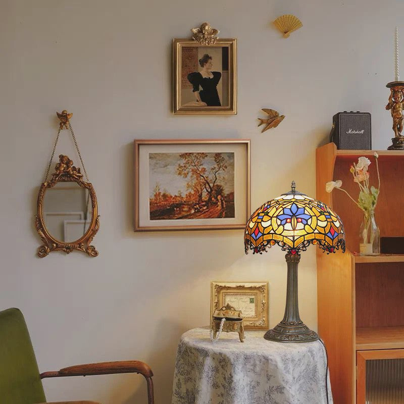 Vintage Gebrandschilderd Glas Tafellamp - Pauwstaart Stijl