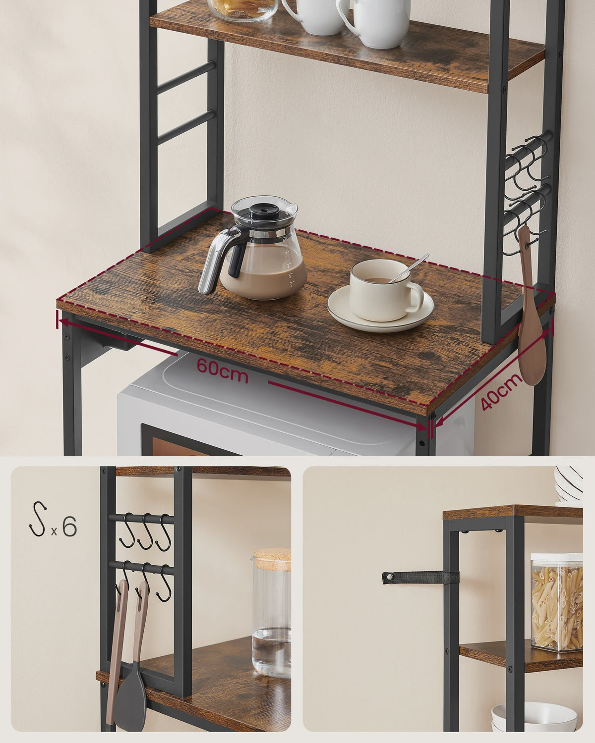 Keukenrek met 6 etages, ingebouwde stopcontacten en USB-poorten - 60x40x169 cm