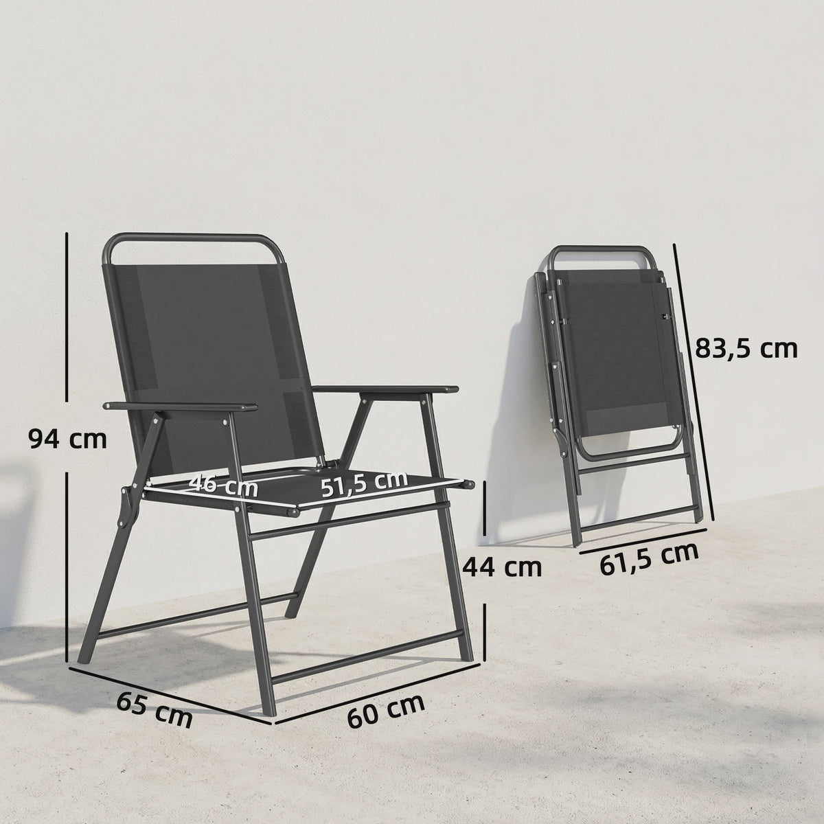 Outsunny Set van 4 Klapstoelen met Armleuningen - Zwart Textilene Zitting