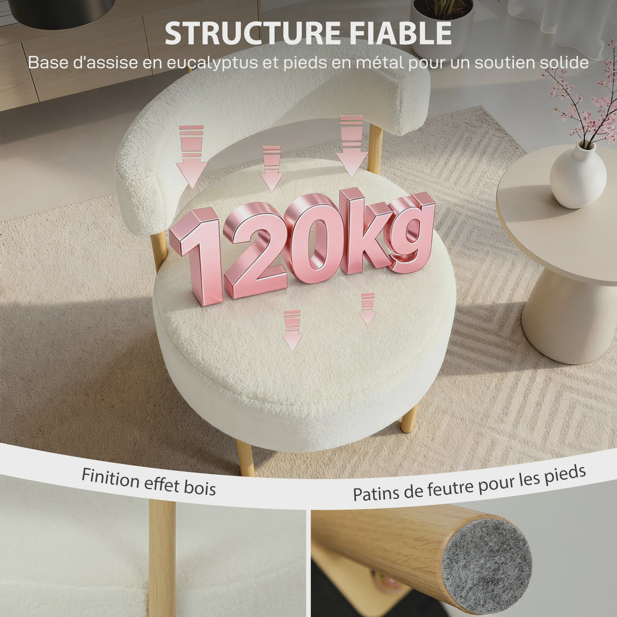 Luxe Bouclé Lounge Fauteuil met Gebogen Rugleuning en Metalen Frame