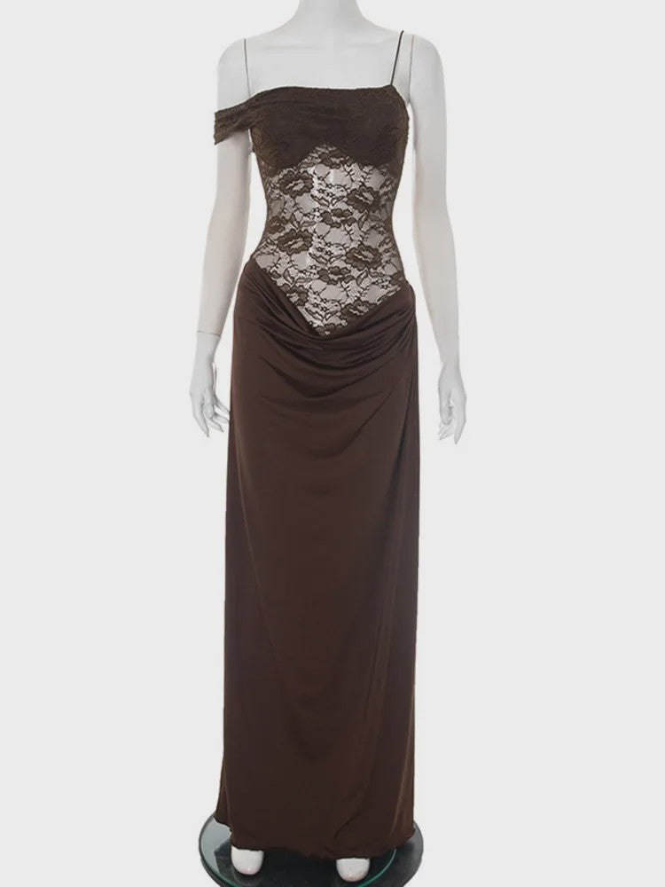 Chique Bruine Maxi Jurk met Kant en Off-Shoulder Design - Sexy Avondjurk