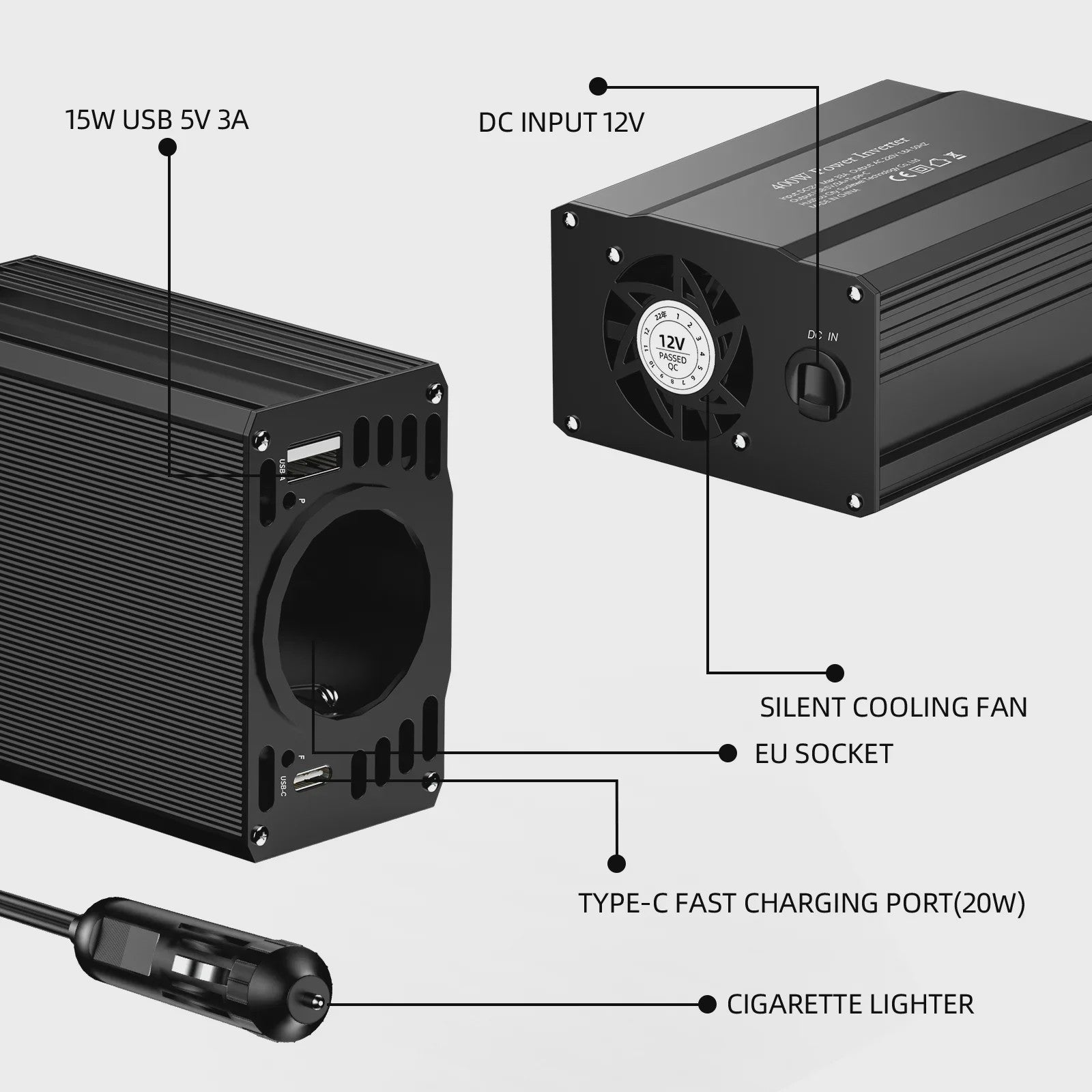 Krachtige 400W/500W/1500W Auto Omvormer: DC 12V naar AC 220V met 3x USB 2.0 en 1x USB QC3.0