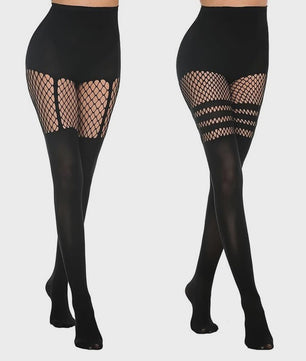 Zwarte Visnet Panty met Jarretellen en Holle Ontwerp - Sexy Nachtclub & Dans Tights