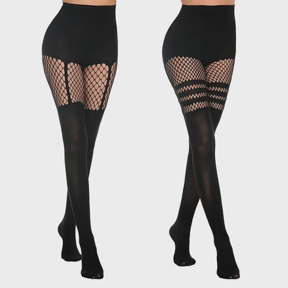 Zwarte Visnet Panty met Jarretellen en Holle Ontwerp - Sexy Nachtclub & Dans Tights