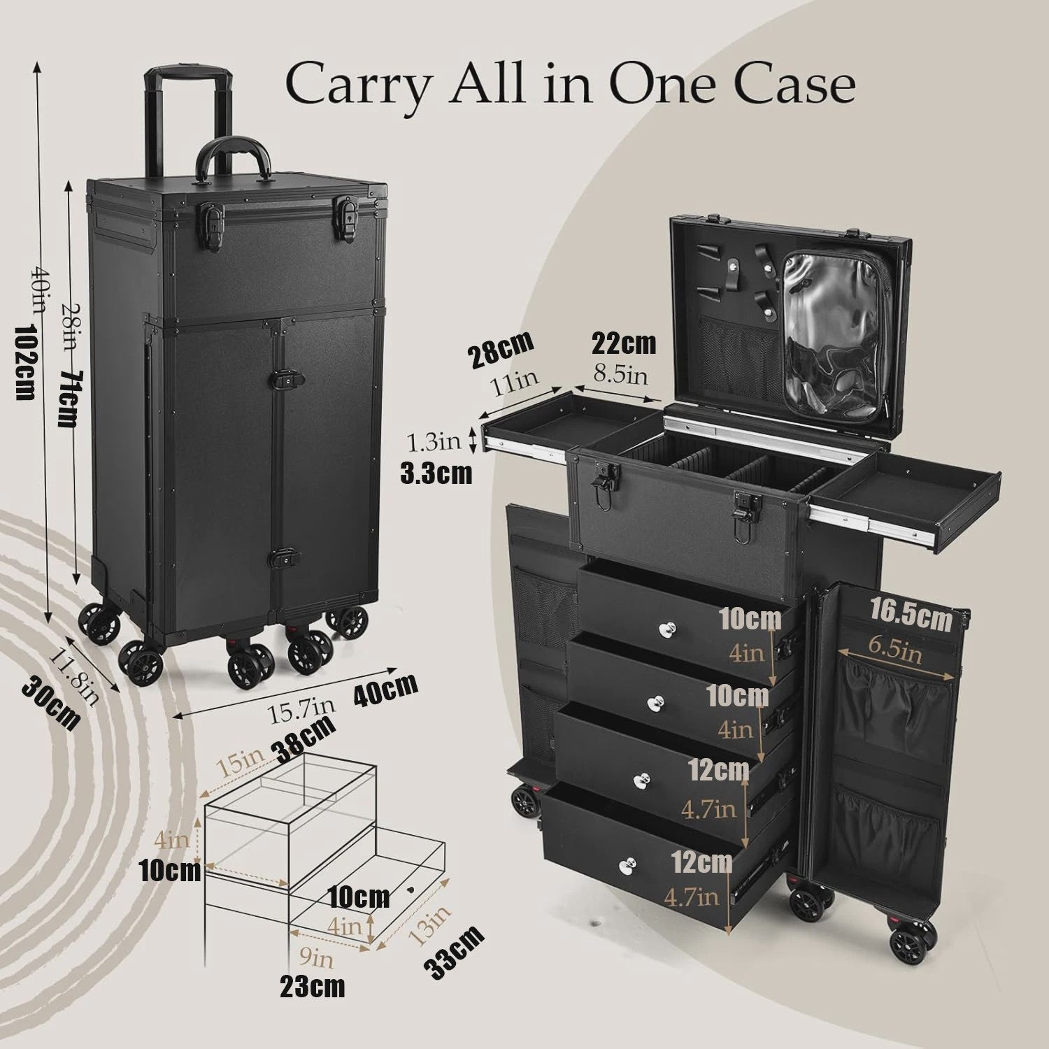 Professionele Make-up Trolley Koffer op Wielen - Mobiel Barber Station met Lades en Slot