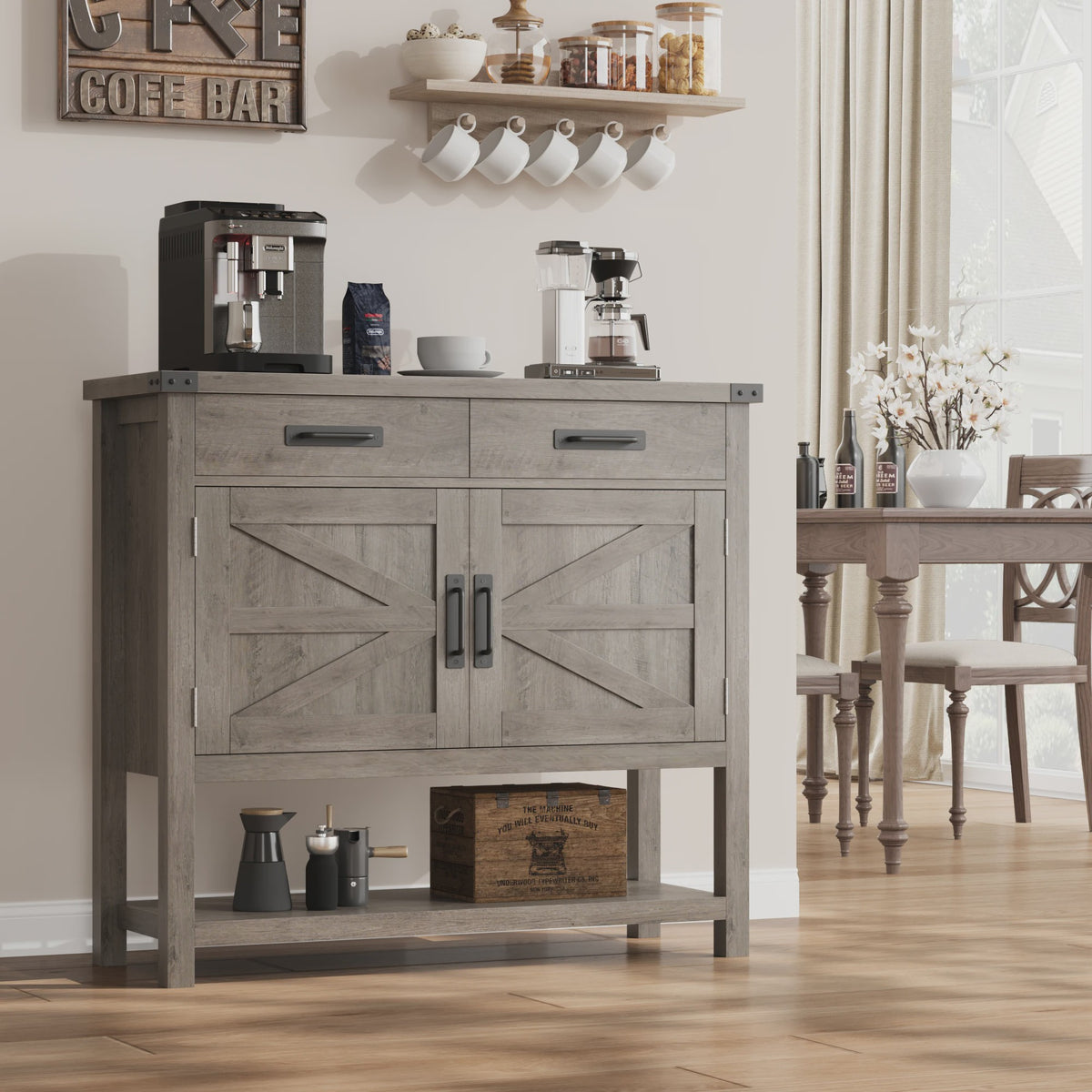 Moderne Landelijke Console Tafel met Koffiebar - 2 Lades, 2 Deuren & Open Plank