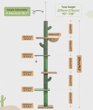 Cactus Kattenboom 5-Tier Vloer tot Plafond Klimpaal met Hangmat & Krabpaal