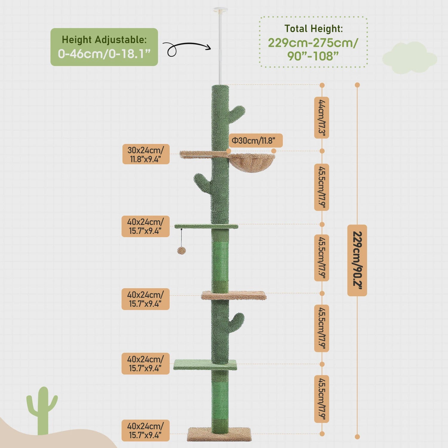 Cactus Kattenboom 5-Tier Vloer tot Plafond Klimpaal met Hangmat & Krabpaal