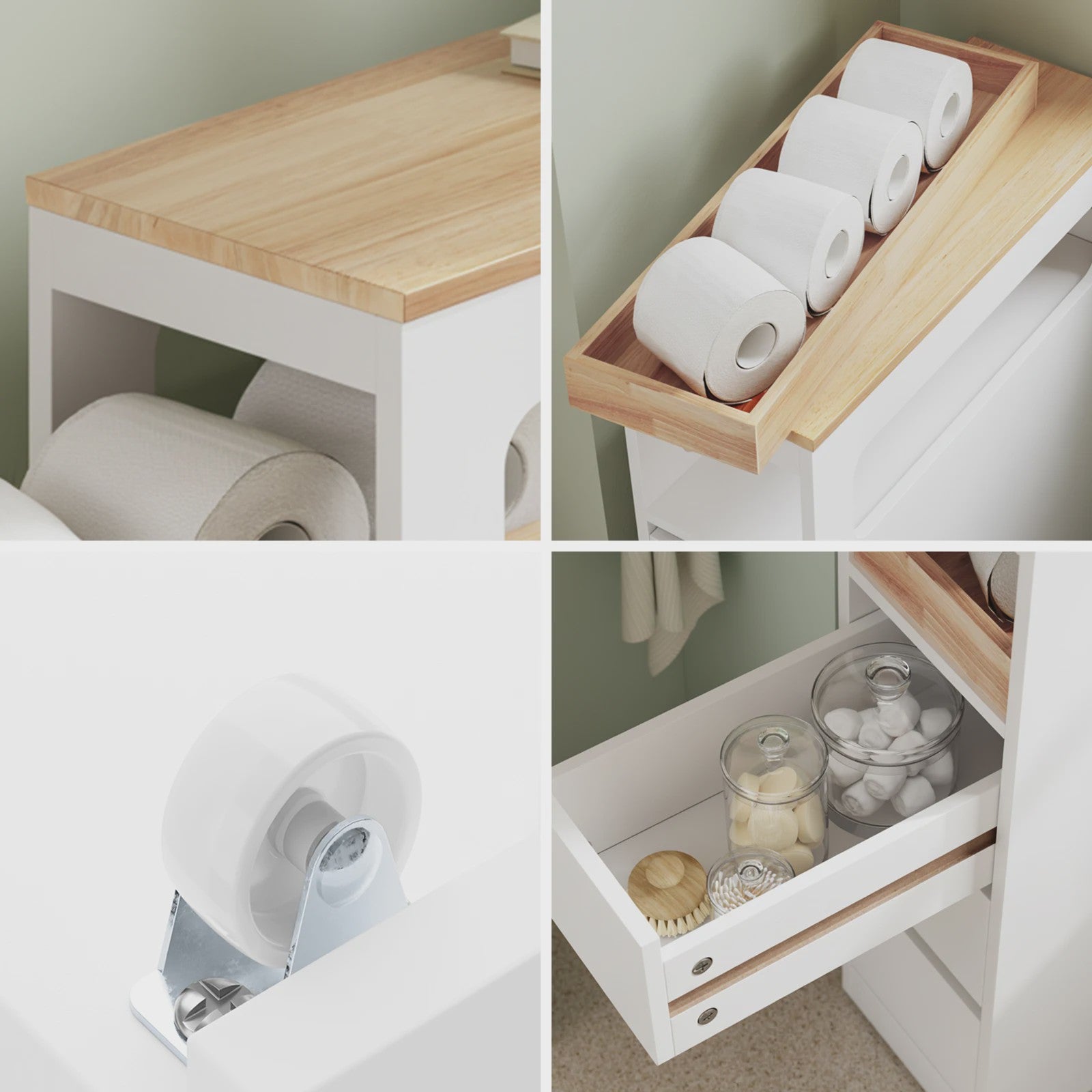 Smalle Badkamerkast met 3 Lades en Afneembare Tray - Houten Bovenblad