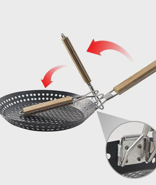 Ronde BBQ Grill Pan met Houten Handvat - Draagbaar & Duurzaam voor Buiten