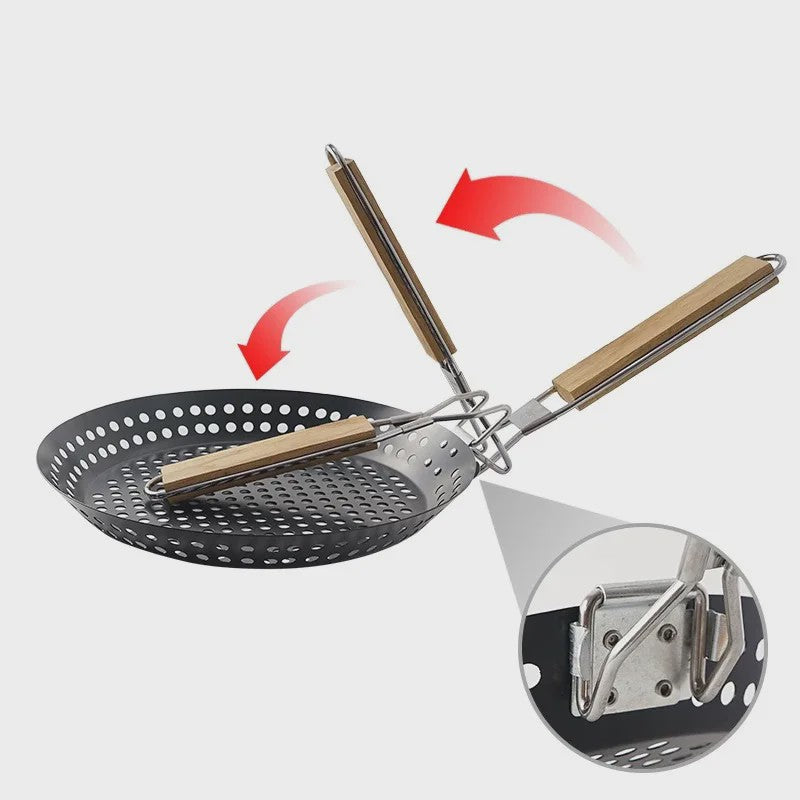 Ronde BBQ Grill Pan met Houten Handvat - Draagbaar & Duurzaam voor Buiten