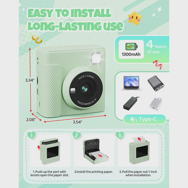 Direct Print Kinder Camera - 1080P HD Fotocamera met Instant Printer & Kleuren Prints