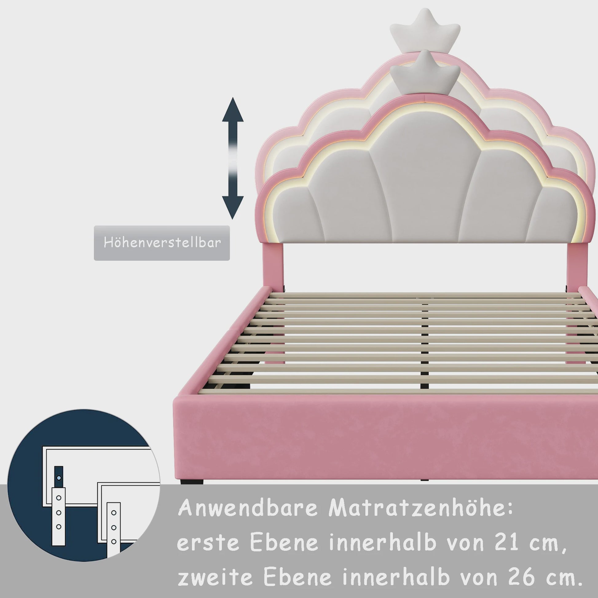 Betoverend Prinsessenbed met Kroon en LED-verlichting - Roze Kinderbed