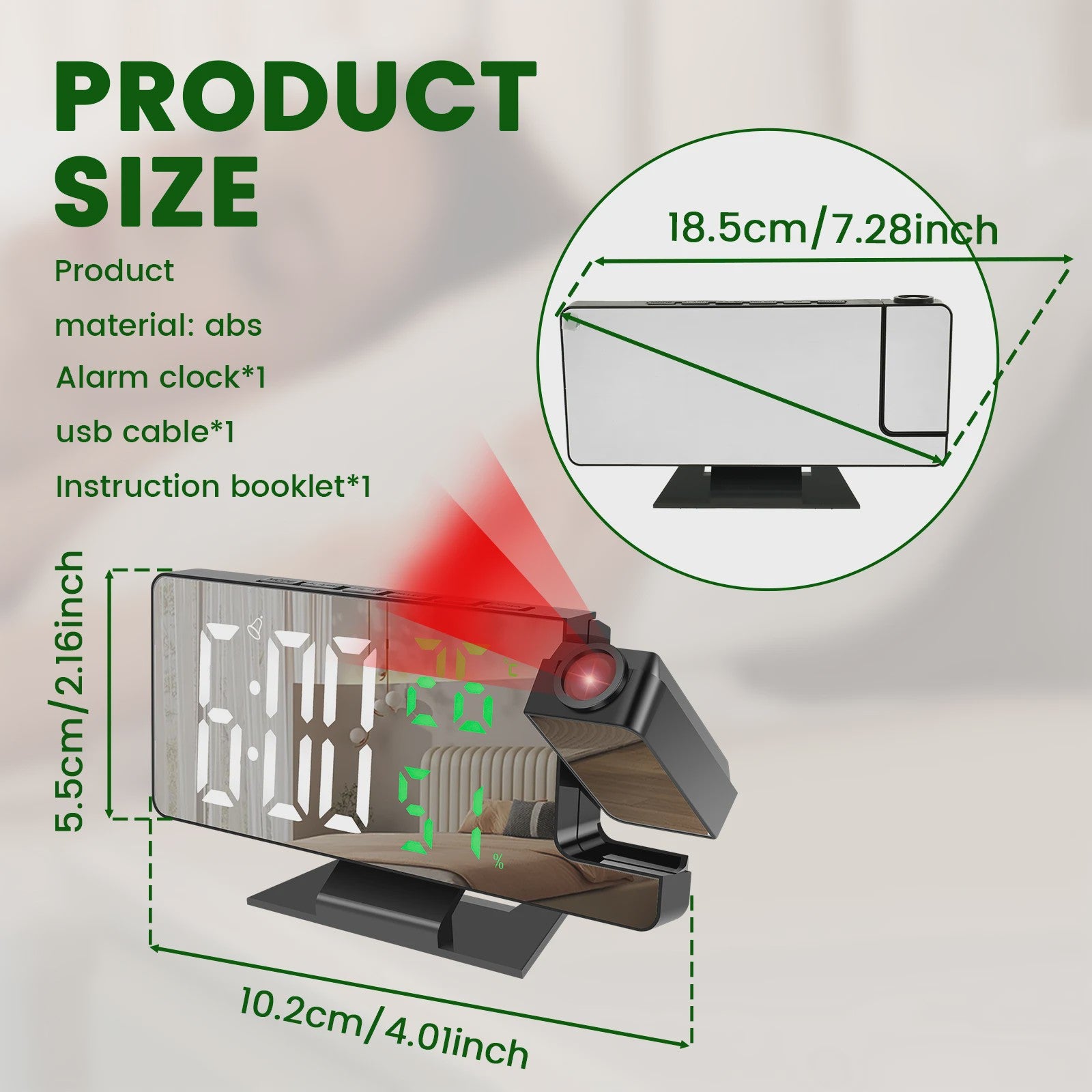Moderne LED Digitale Projectiewekker met Spiegel & 180° Draaibare Projector