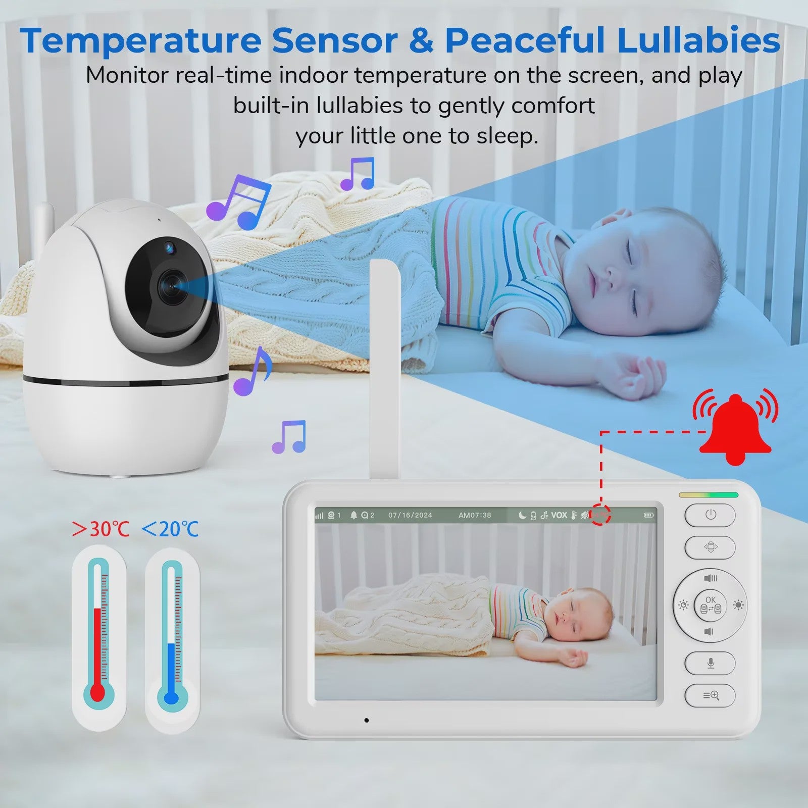 5 Inch Draadloze Babyfoon met PTZ Camera, Temperatuur, Nachtvisie & Tweeweg Audio