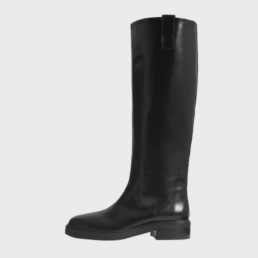 Luxe Bruine Leren Dames Laarzen - Kniehoog, Vierkante Hak & Ronde Neus