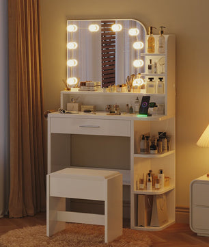 Kaptafel met Verlichte Spiegel, Lades, Haken en Kruk - Ideaal voor Kleine Appartementen