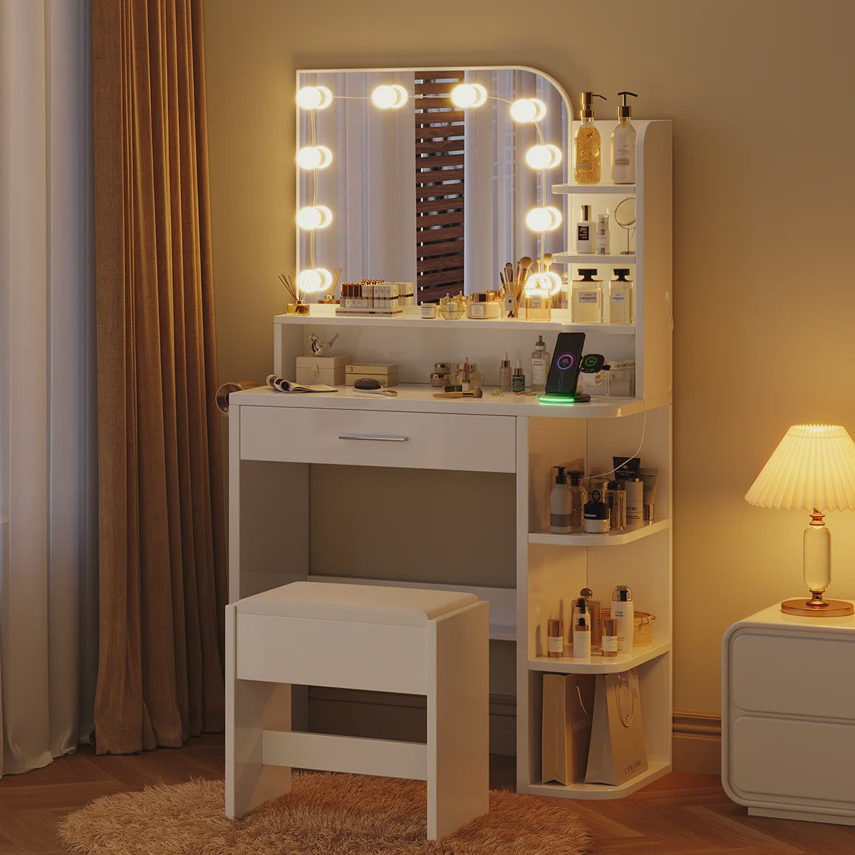 Kaptafel met Verlichte Spiegel, Lades, Haken en Kruk - Ideaal voor Kleine Appartementen