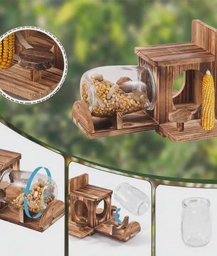 Houten Eekhoornvoerder met Glazen Pot (1L) - Winddicht & Duurzaam Buiten Voederhuisje