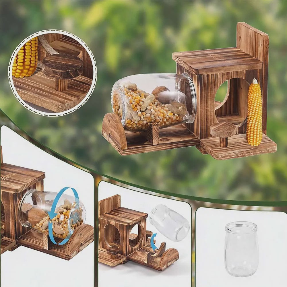 Houten Eekhoornvoerder met Glazen Pot (1L) - Winddicht & Duurzaam Buiten Voederhuisje