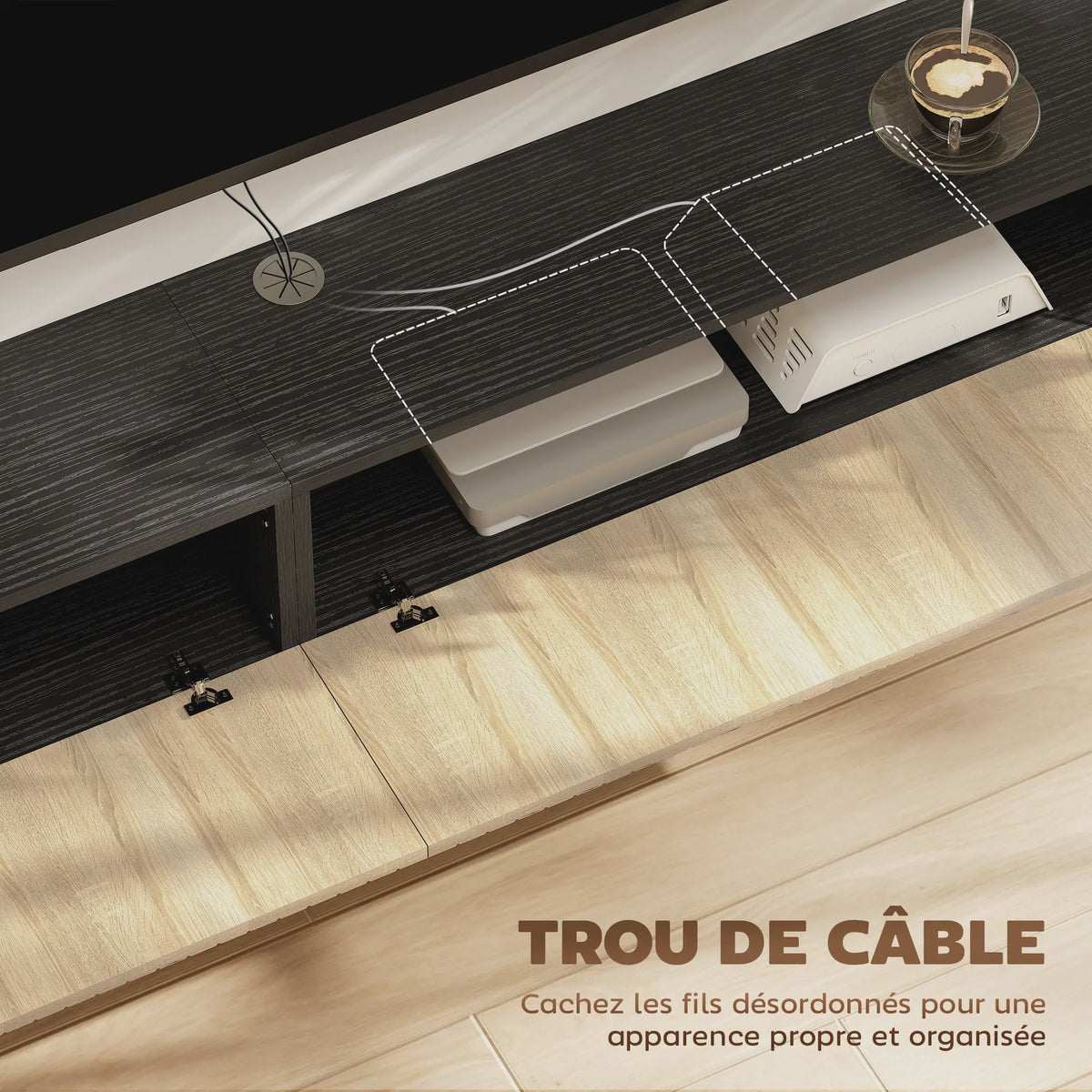 Zwevende TV Meubel 140cm met 2 Klapdeuren - Natuurlijk Hout & Zwart
