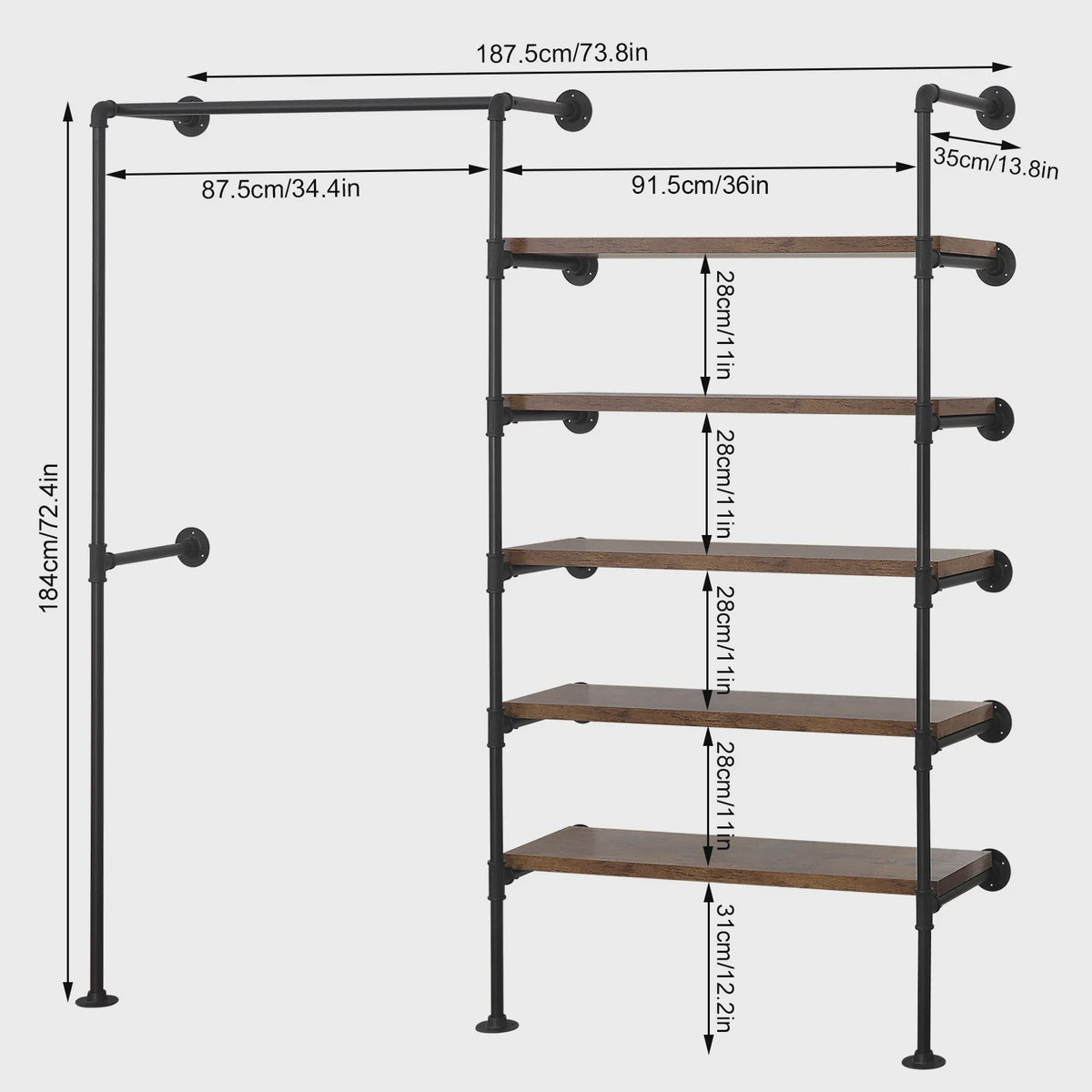 Industriële Kapstok met Wandrek - Vintage Stijl Kledingrek & Opbergplanken