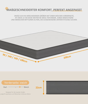 Pocketvering Matras 90/140/160/180x200cm - 22cm Dik, 7-Zoons Comfortschuim & Stevige Ondersteuning