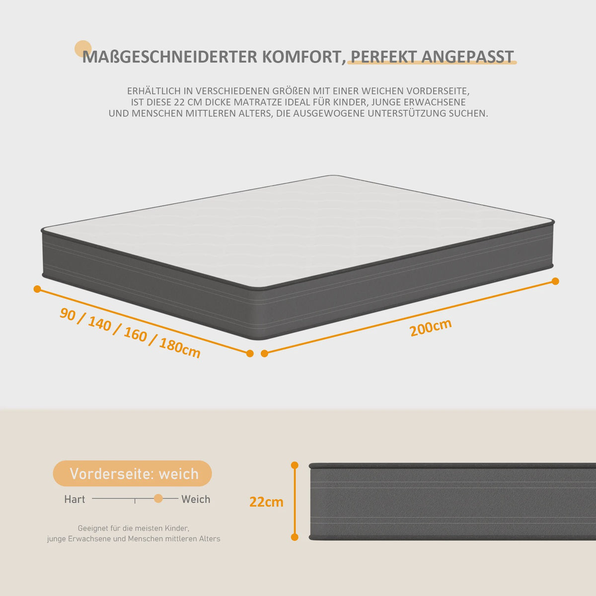 Pocketvering Matras 90/140/160/180x200cm - 22cm Dik, 7-Zoons Comfortschuim & Stevige Ondersteuning