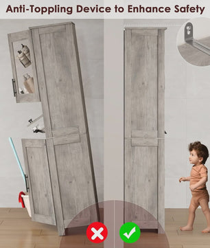 Grijze Smalle Hoge Badkamerkast met 4 Deuren, 1 Lade & Verstelbare Planken - 60x30x170 cm