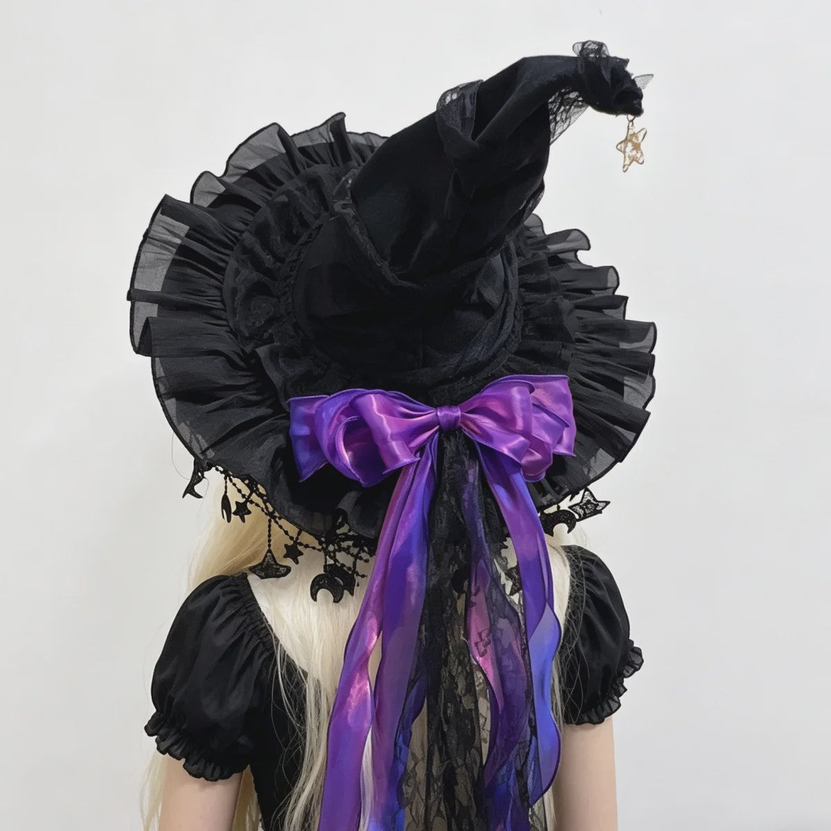 Luxe Heksenhoed van Kant en Fluweel met Maan & Sterren - Perfect voor Halloween & Cosplay