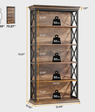 Industriële 6-Tier Boekenkast - 180 cm Hoge Open Opbergkast met 5 Planken