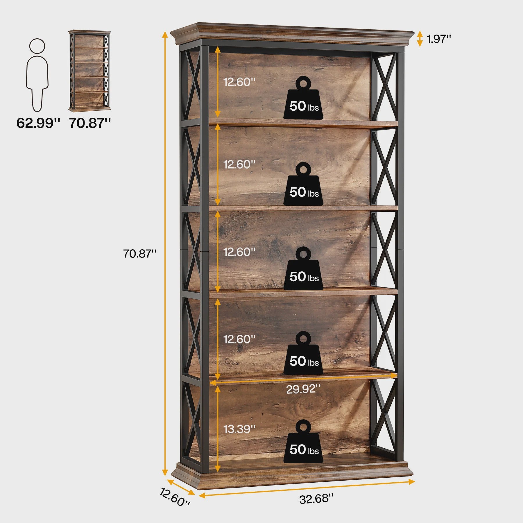 Industriële 6-Tier Boekenkast - 180 cm Hoge Open Opbergkast met 5 Planken