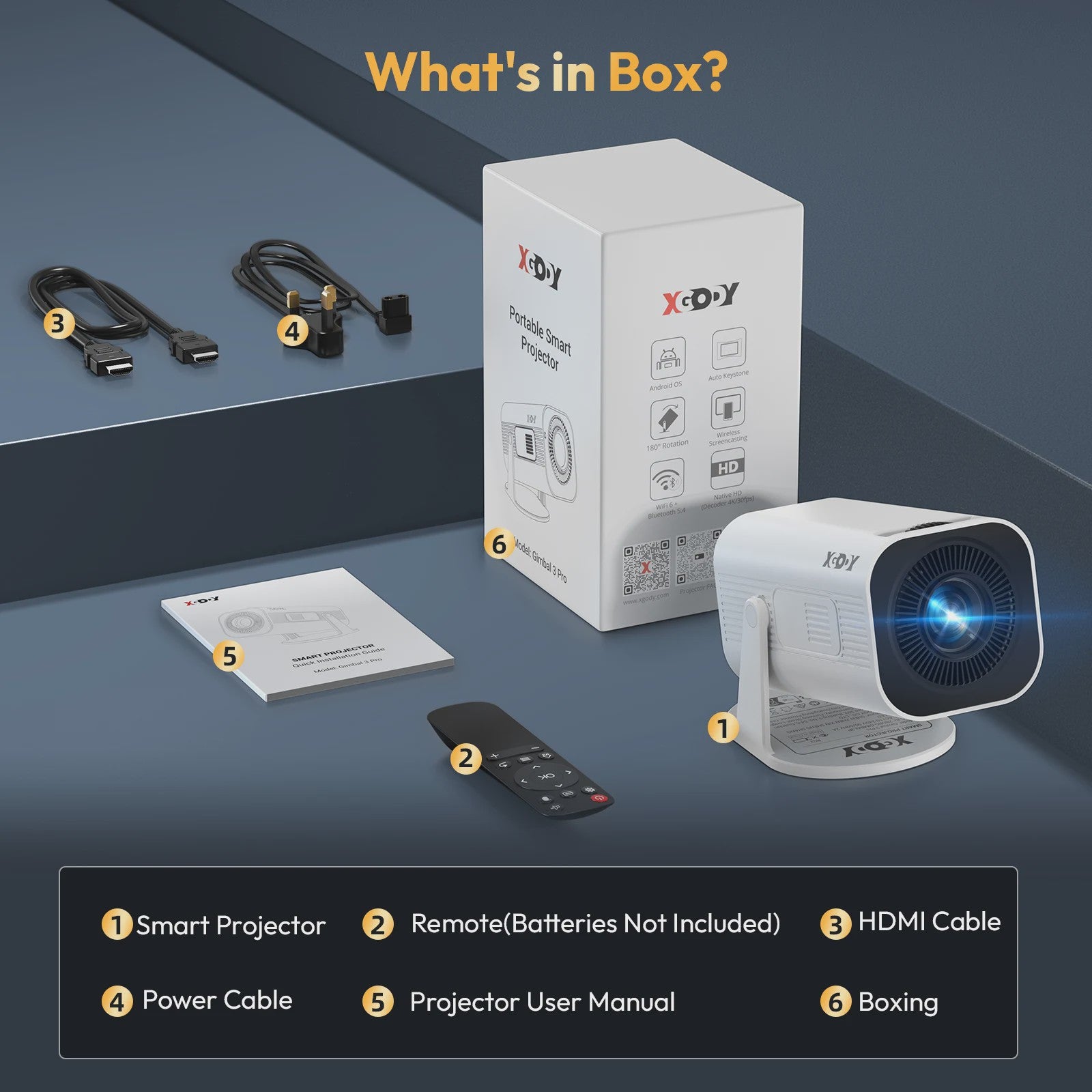 XGODY 4K Mini Projector: Android 11, 12000 Lumens, Dual WiFi6 & Bluetooth 5.4