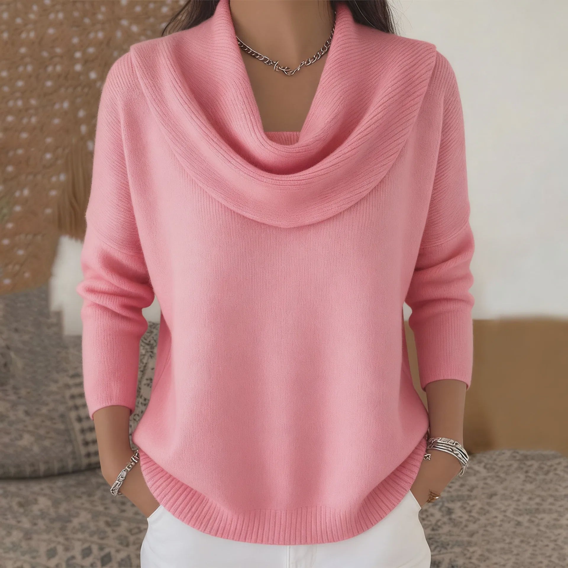 Dames Drapé Hals Trui - Effen Kleur Lange Mouwen - Herfst/Winter Collectie