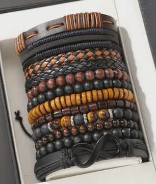 Set van 12 Vintage Armbanden: Gevlochten Kunstleer met Tijgeroog & Maansteen Kralen