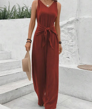 Modieuze Dames Jumpsuit met Wijde Pijpen, V-hals en Strikceintuur - Zomer & Vakantie