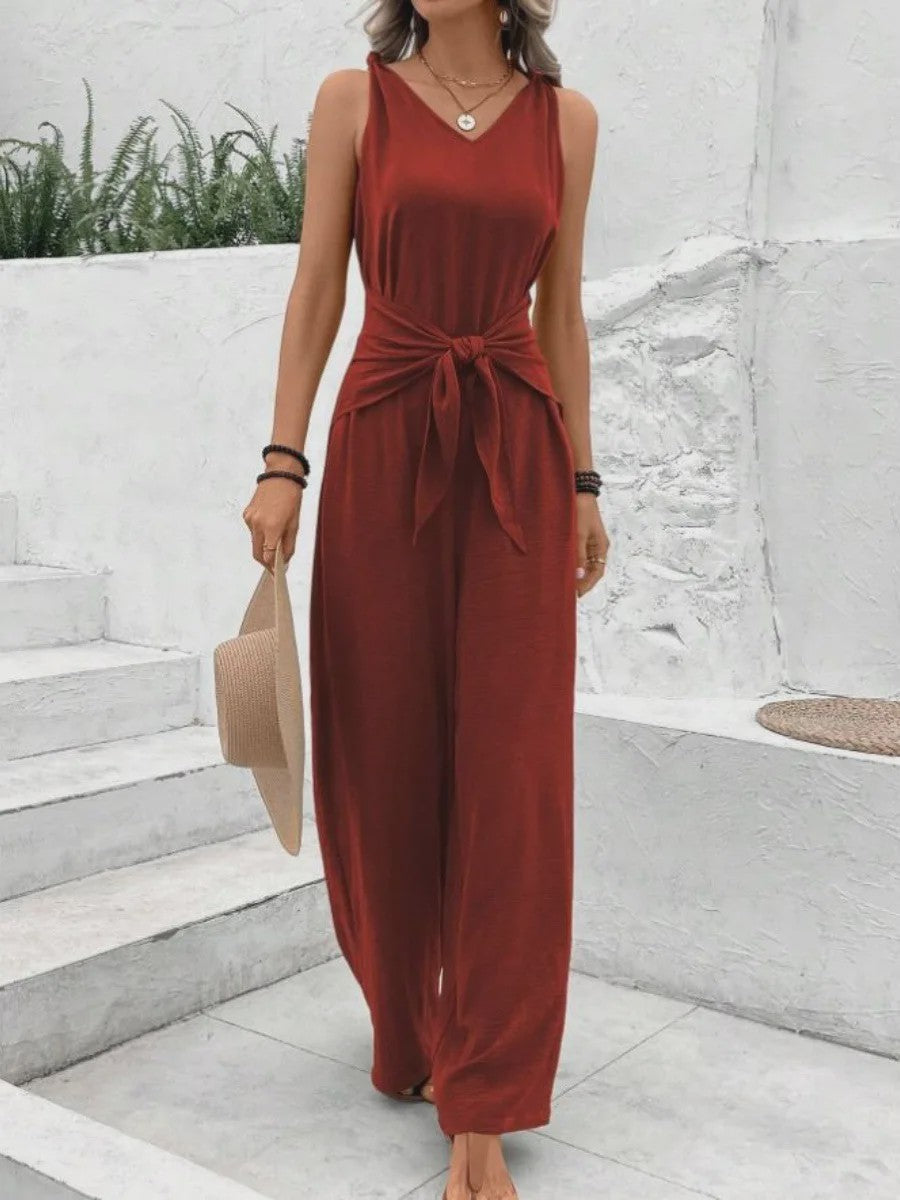 Modieuze Dames Jumpsuit met Wijde Pijpen, V-hals en Strikceintuur - Zomer & Vakantie