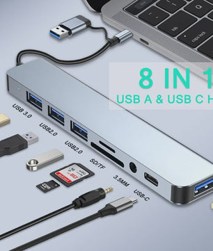 8-in-2 USB-C Hub met SD/TF Kaartlezer, 3.5mm Audio & USB 3.0 Extender voor MacBook/PC/Laptop