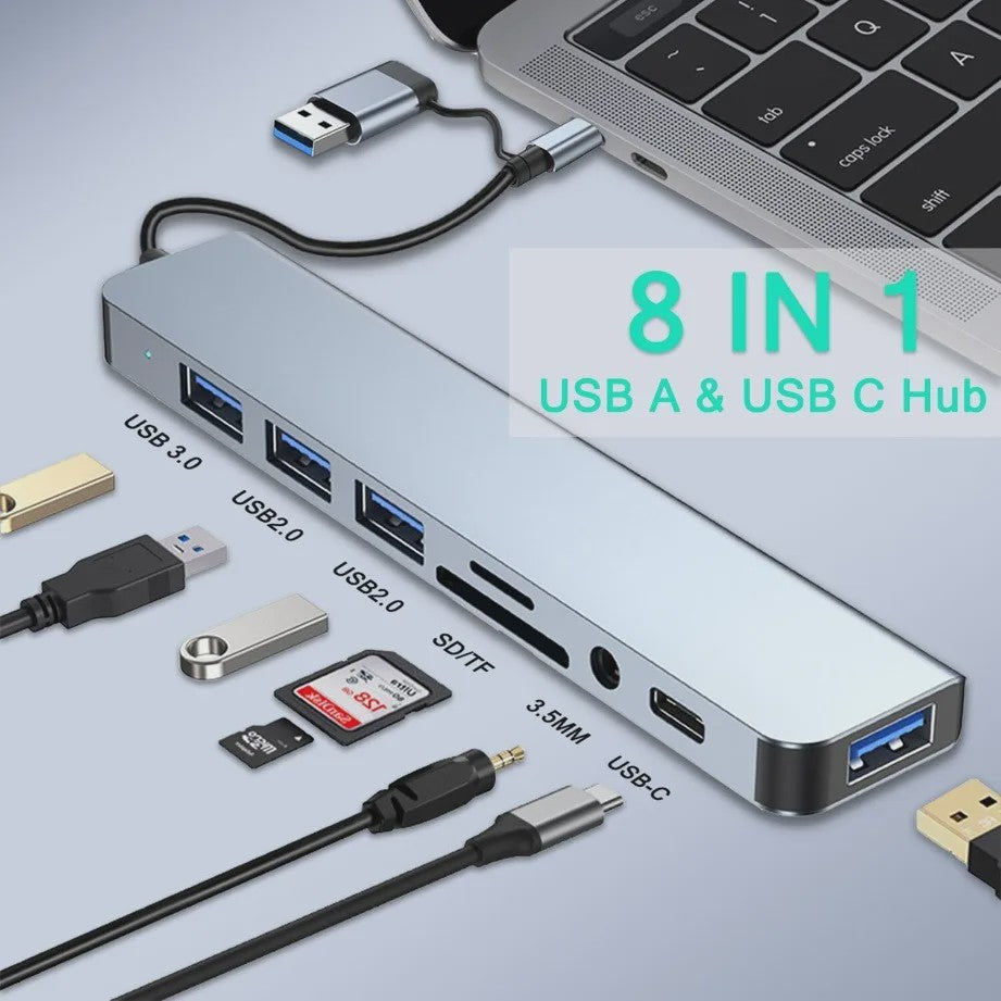 8-in-2 USB-C Hub met SD/TF Kaartlezer, 3.5mm Audio & USB 3.0 Extender voor MacBook/PC/Laptop