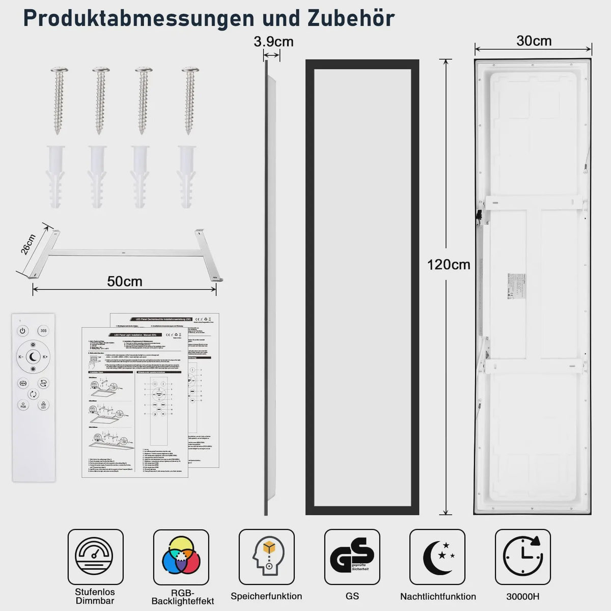 Dimbare LED Panelen 120x30cm met RGB Kleuren en Afstandsbediening - 40W, 4400LM, Zwart Frame