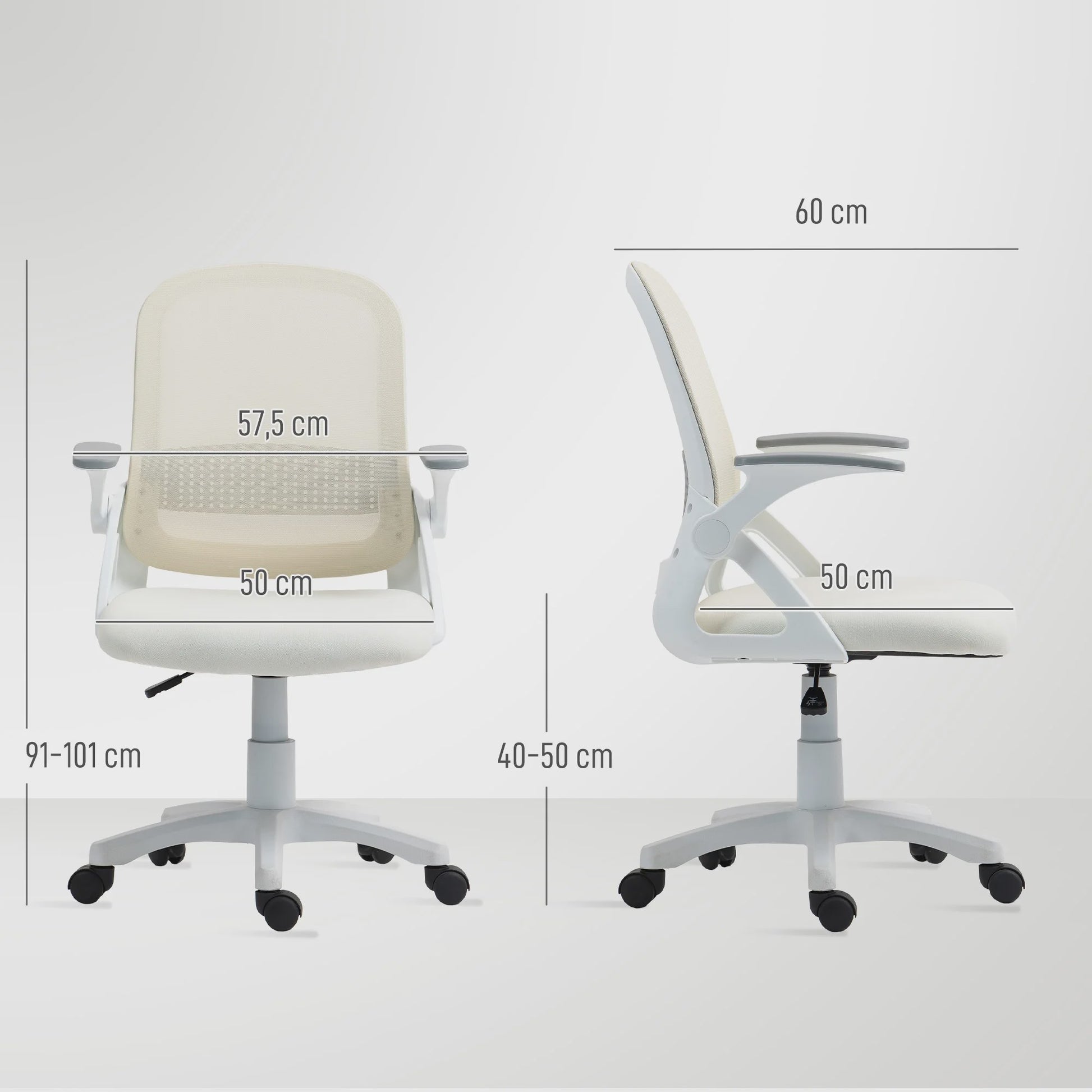 Ergonomische Bureaustoel met Mesh Rugleuning, Opklapbare Armleuningen en In Hoogte Verstelbaar - Wit