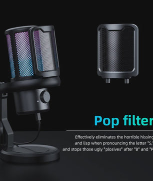 RGB Gaming Microfoon voor PC met Geluidsdemping, Koptelefoonuitgang & Touch-Mute