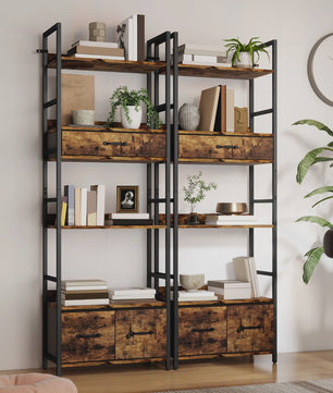 Industriële Boekenkast met 6 Niveaus, 4 Open Planken & 3 Stoffen Lades - Rustiek Bruin