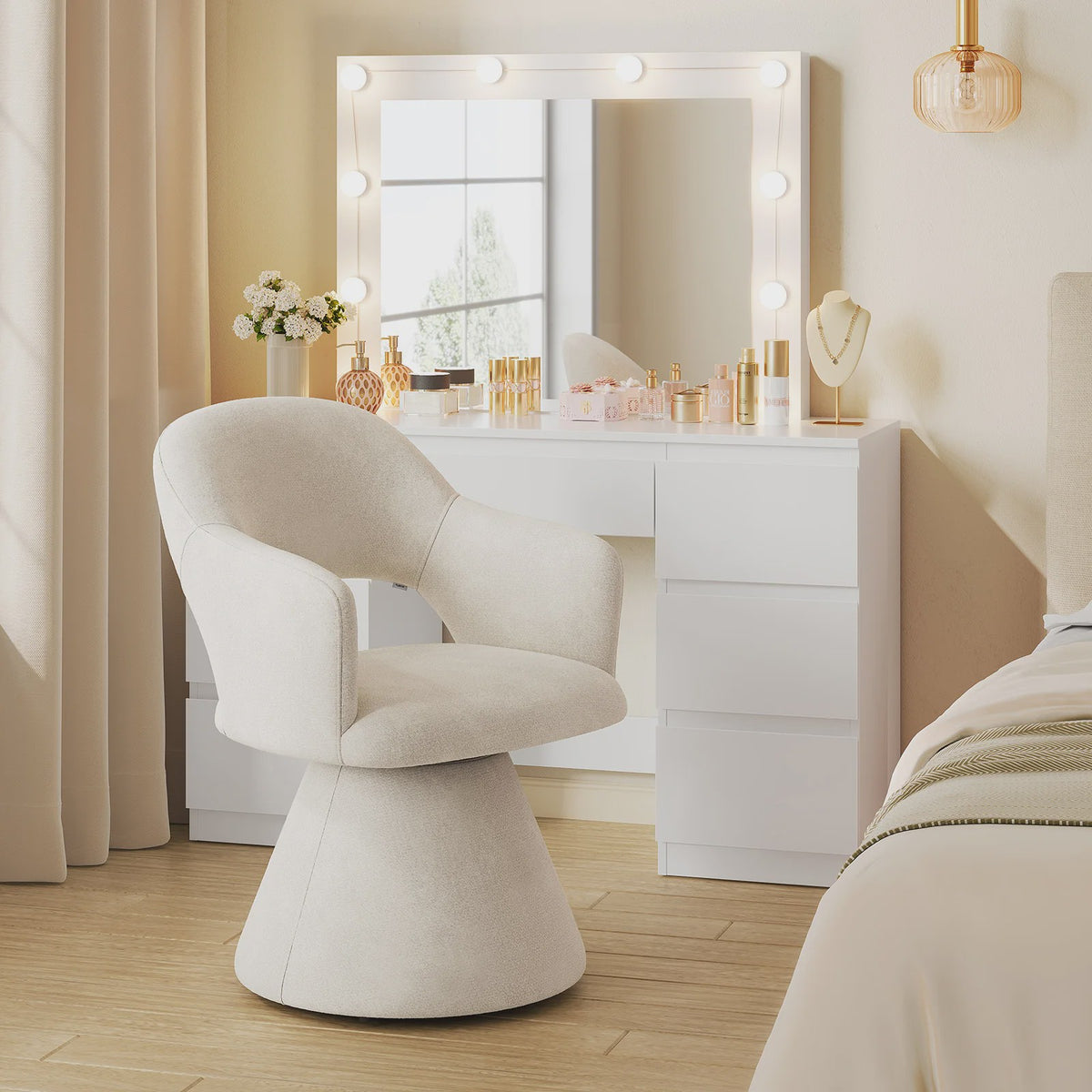 Draaibare eetkamerstoel met hoge rugleuning en linnen bekleding - Beige