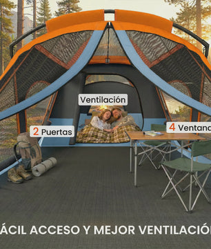 Outsunny Gezinstent Tunnel 2-4 Personen Oranje/Blauw - Ruim & Ventilerend