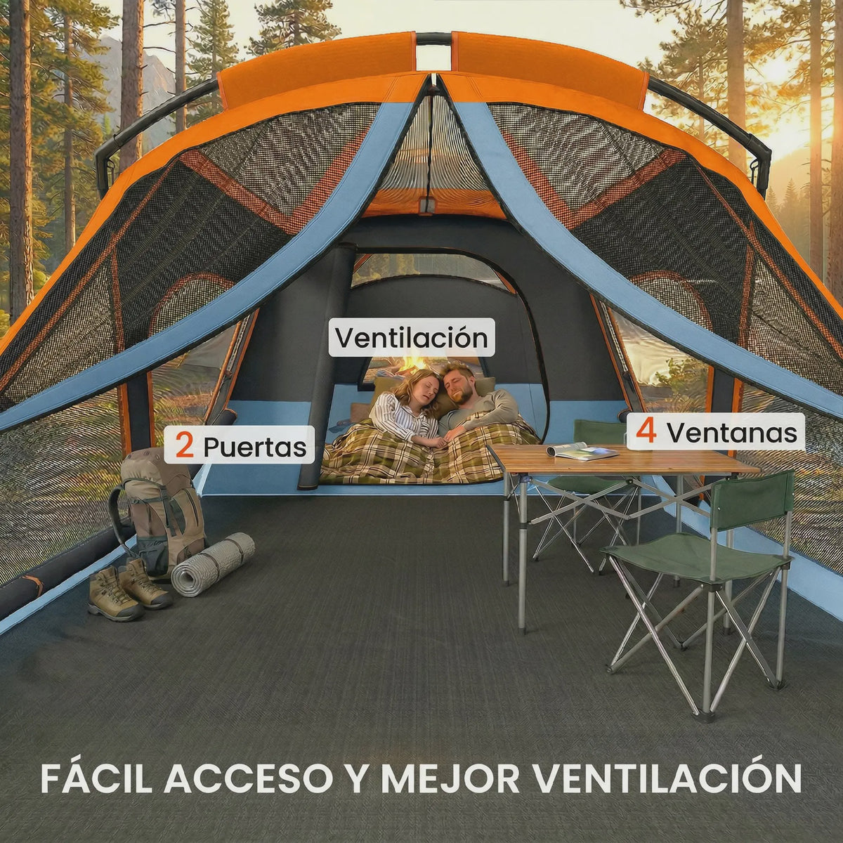 Outsunny Gezinstent Tunnel 2-4 Personen Oranje/Blauw - Ruim & Ventilerend