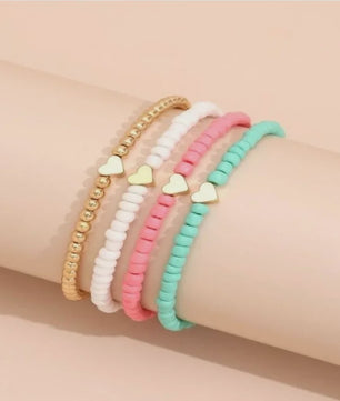 Set van 4 Bohemian Kralen Armbandjes met Hartje - Zomerse Beach Vibes