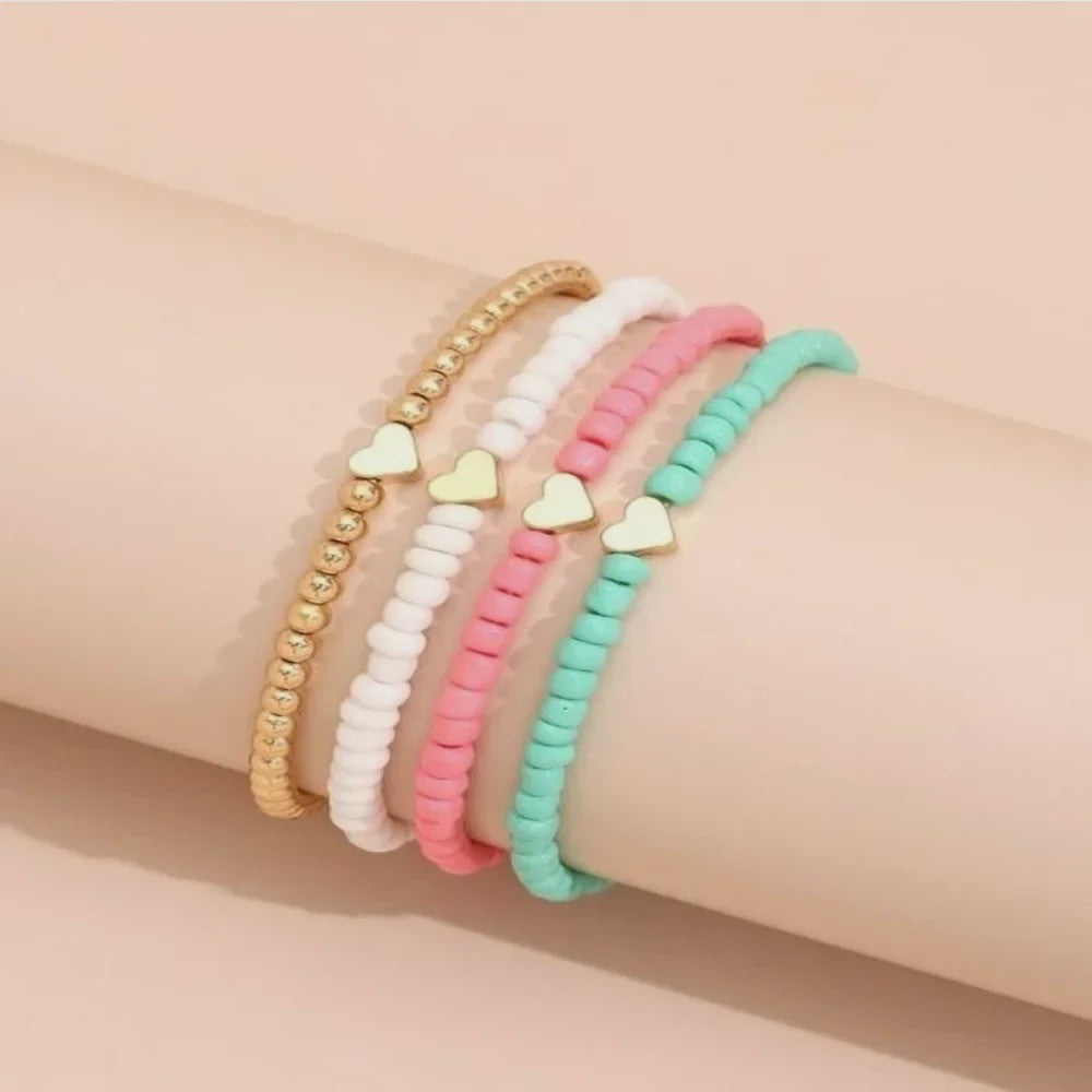 Set van 4 Bohemian Kralen Armbandjes met Hartje - Zomerse Beach Vibes
